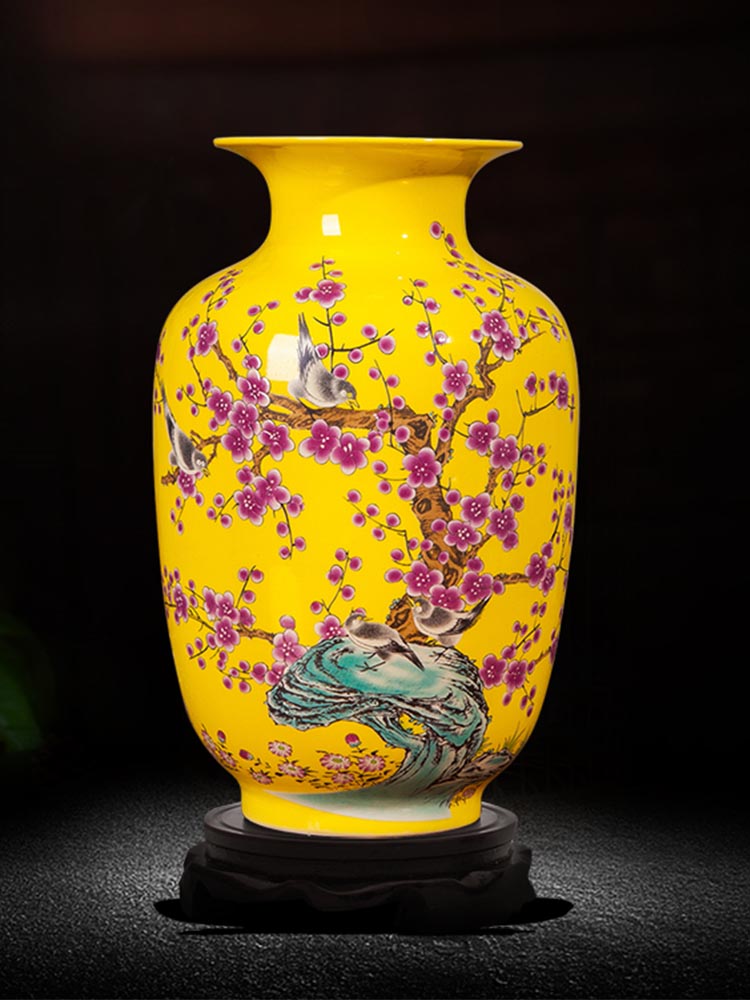 景德鎮陶瓷器黃色小花瓶插花擺件中式客廳博古架家居裝飾品工藝品