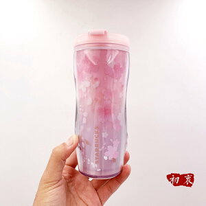 韓國星巴克海外限定杯子櫻花季粉櫻雙層塑料掀蓋飲用隨行杯(355ml)