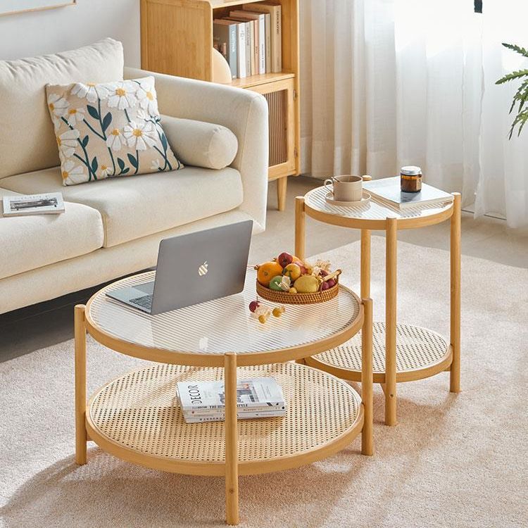 【KENS生活家具】邊幾 茶幾 日式圓形實木藤編玻璃茶幾客廳家用小戶型現代簡約沙發邊幾小茶桌