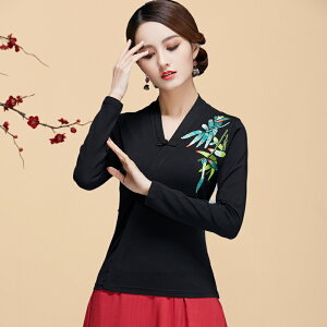 民族風女上衣復古刺繡長袖t恤秋冬季改良大碼日常古典中國風 女裝
