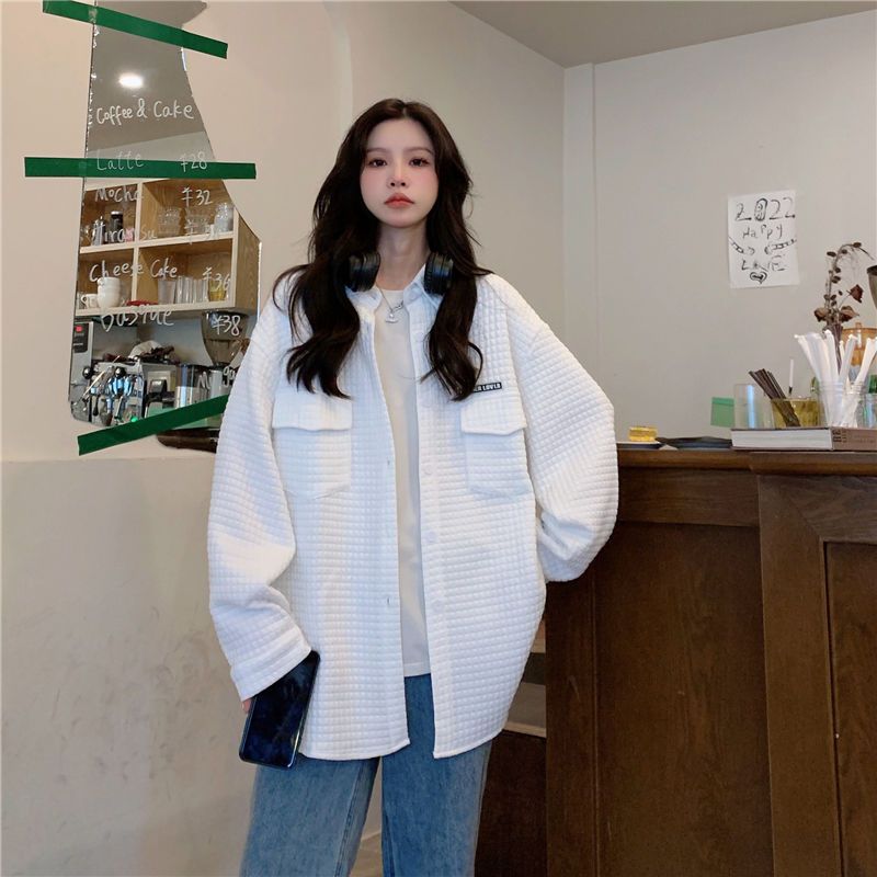 華夫格襯衫美式復古休閒潮牌設計感上衣女寬松長袖外套大碼【聚寶屋】