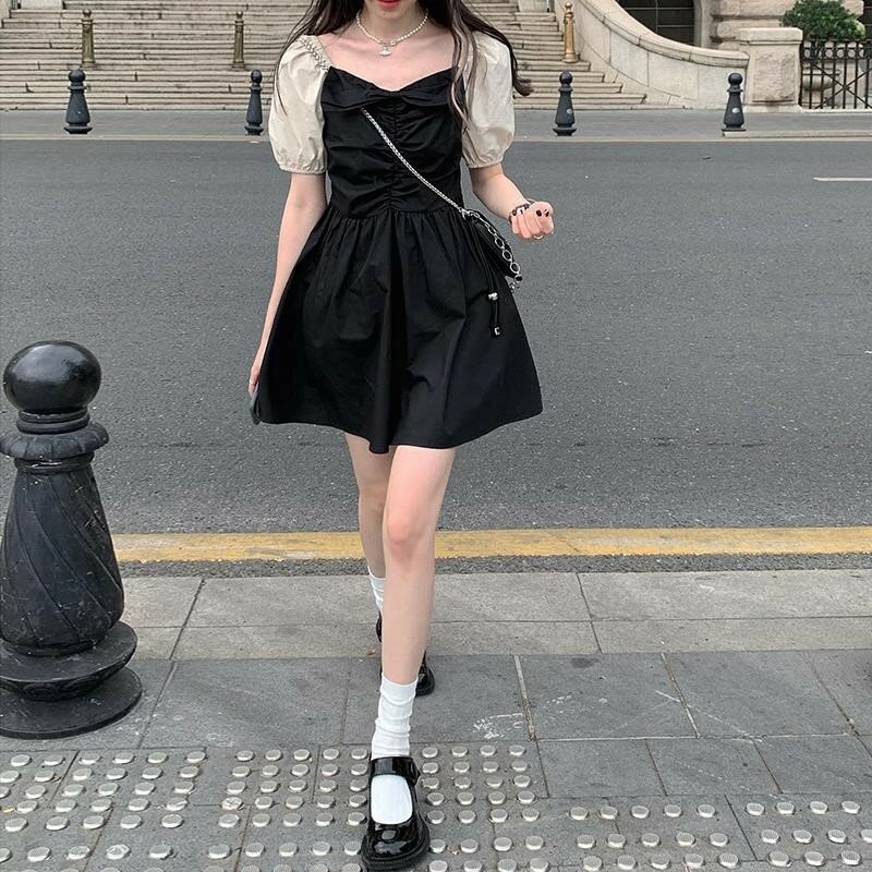 復古法式黑色泡泡袖甜美連衣裙女設計感小眾夏氣質顯瘦小個子裙子