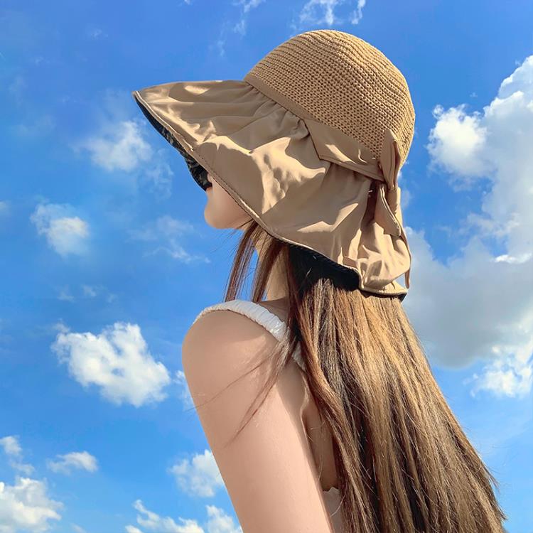 沙灘帽遮陽帽女夏季鏤空草帽紫外線大檐遮臉防曬漁夫帽子~林之舍