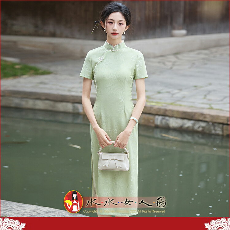 春夏新款提花旗袍短袖中長款改良清新優雅單層連身裙洋裝日常可穿-青曼-水水女人國