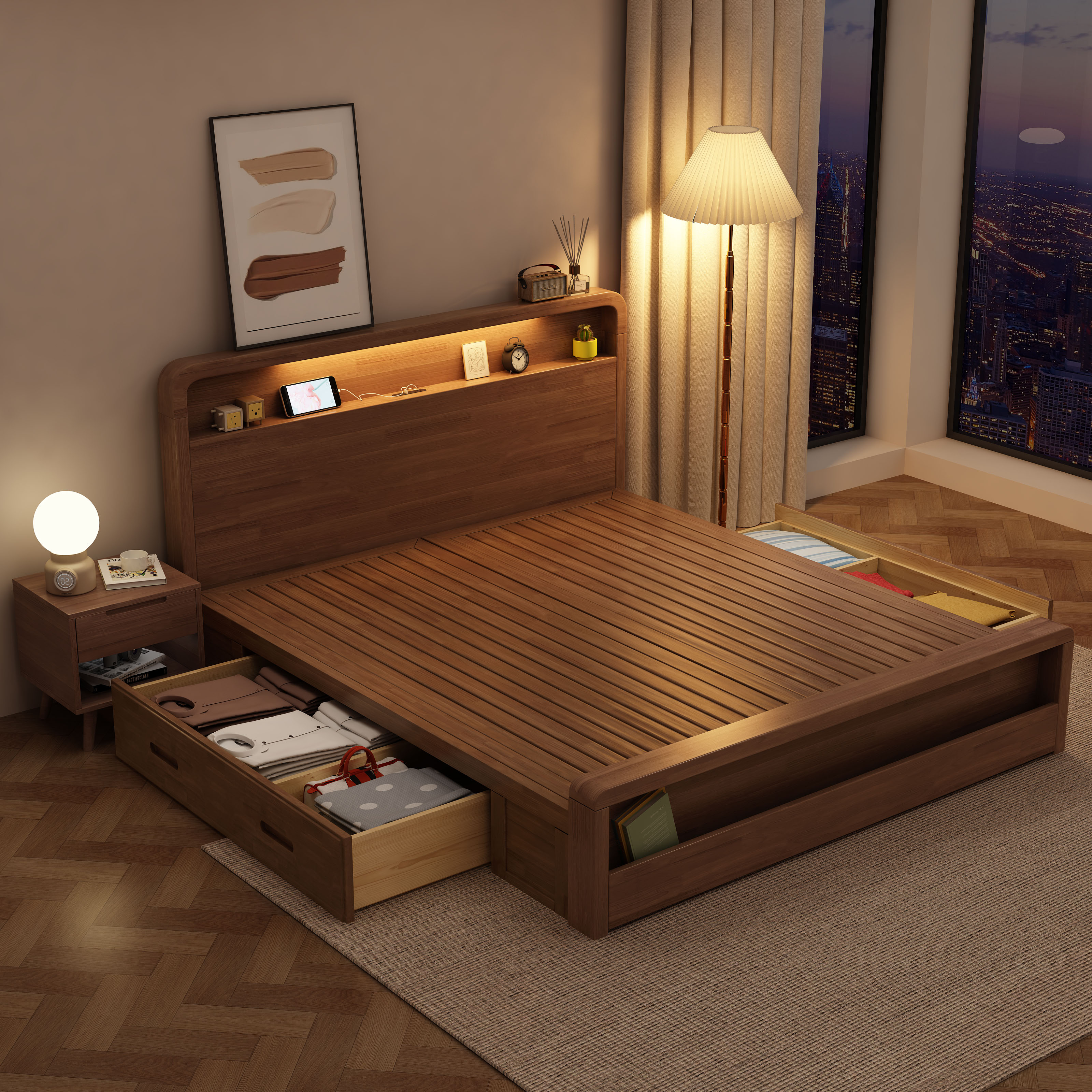 北歐實木床簡約現代日式1.5m床雙人床主臥床床架儲物床大床省空間