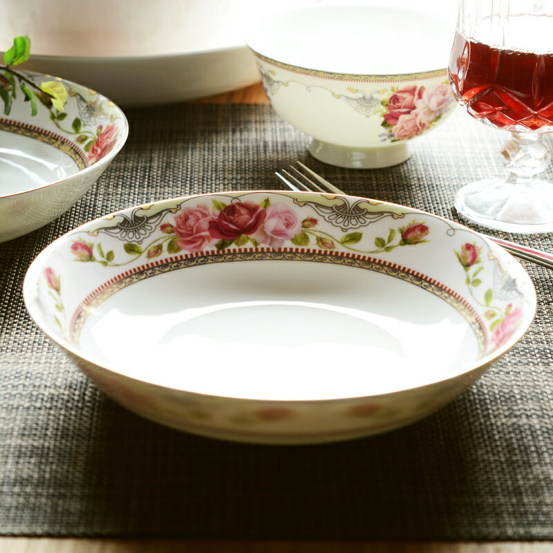 骨瓷金邊喜慶7.5/8英寸深盤飯盤熱菜盤湯盤瓷盤家用陶瓷盤子餐具