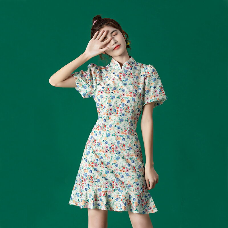 法式初戀可鹽可甜碎花裙收腰顯瘦旗袍改良版連衣裙氣質