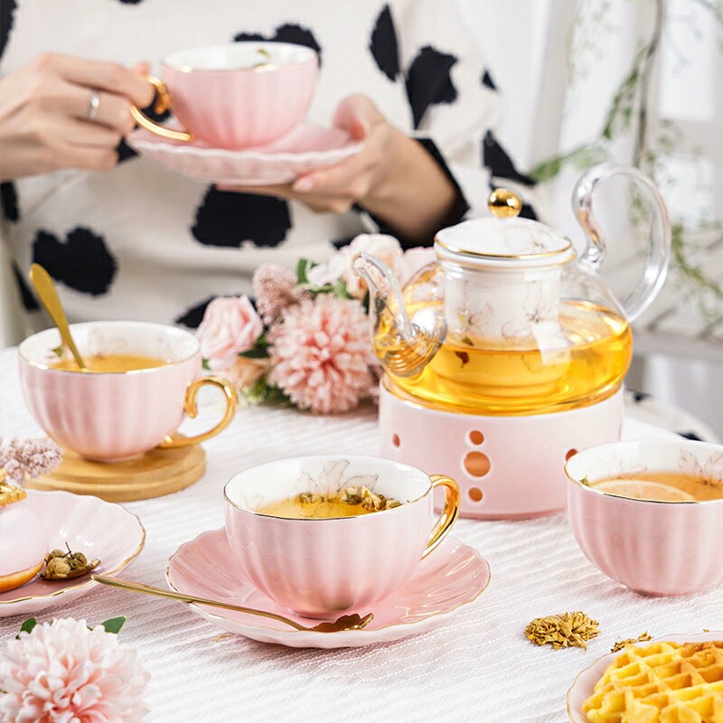 日式小清新陶瓷玻璃花茶杯套裝下午茶茶具水果茶壺帶過濾蠟燭加熱