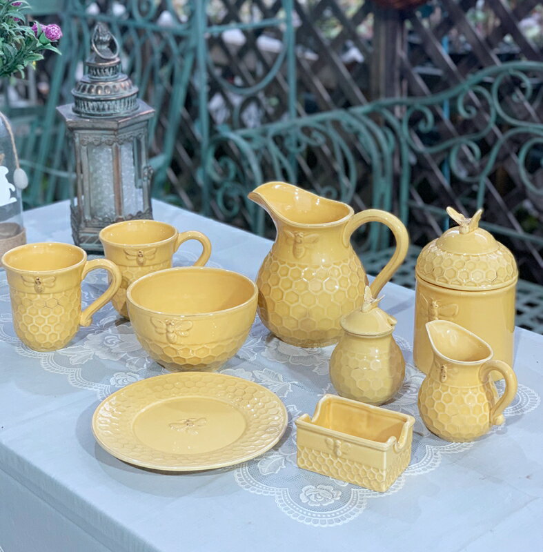 陶瓷蜜蜂茶具 暖黃色蜜蜂瓷器 罐 奶杯 歐式田園風