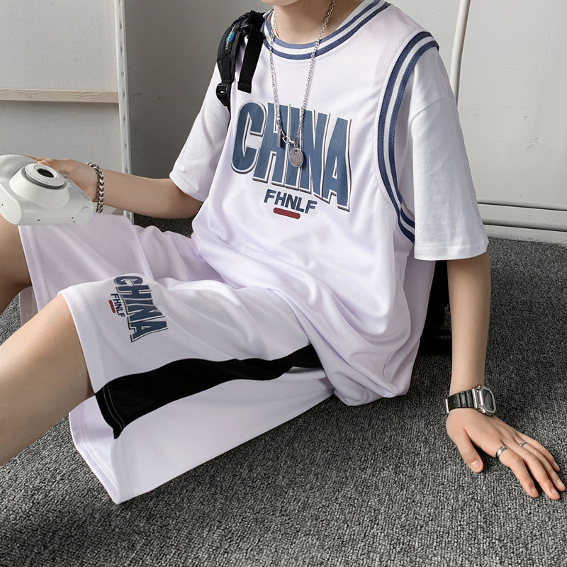 夏季籃球服運動套裝男韓版潮流潮牌痞帥情侶假兩件短袖短褲兩件套