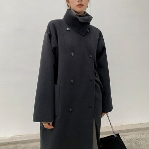 【巴黎精品】毛呢大衣羊毛外套-黑色立領雙排扣繫帶女外套p1aq34