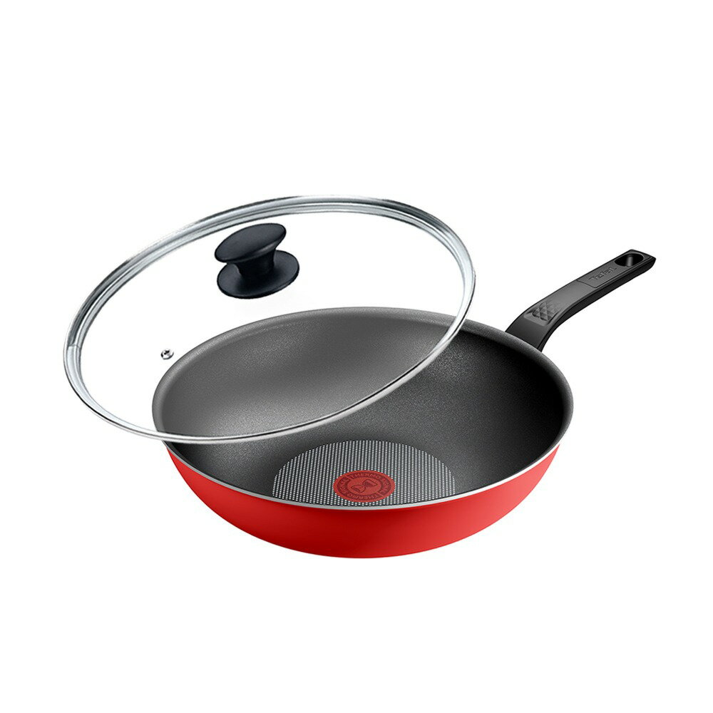 【領券再折】Tefal法國特福 燦紅系列28CM不沾小炒鍋+玻璃蓋
