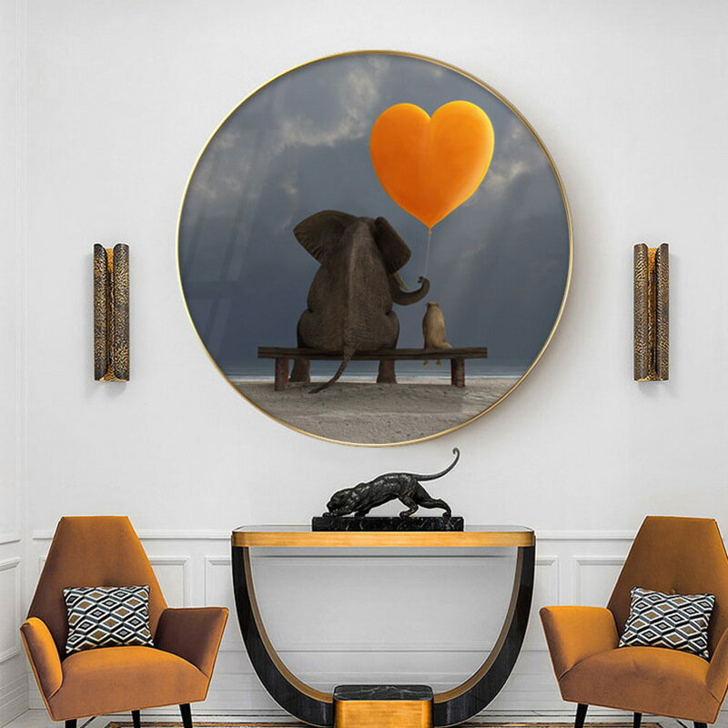 現代簡約客廳背景墻裝飾畫大象圓形餐廳壁畫北歐溫馨臥室床頭掛畫