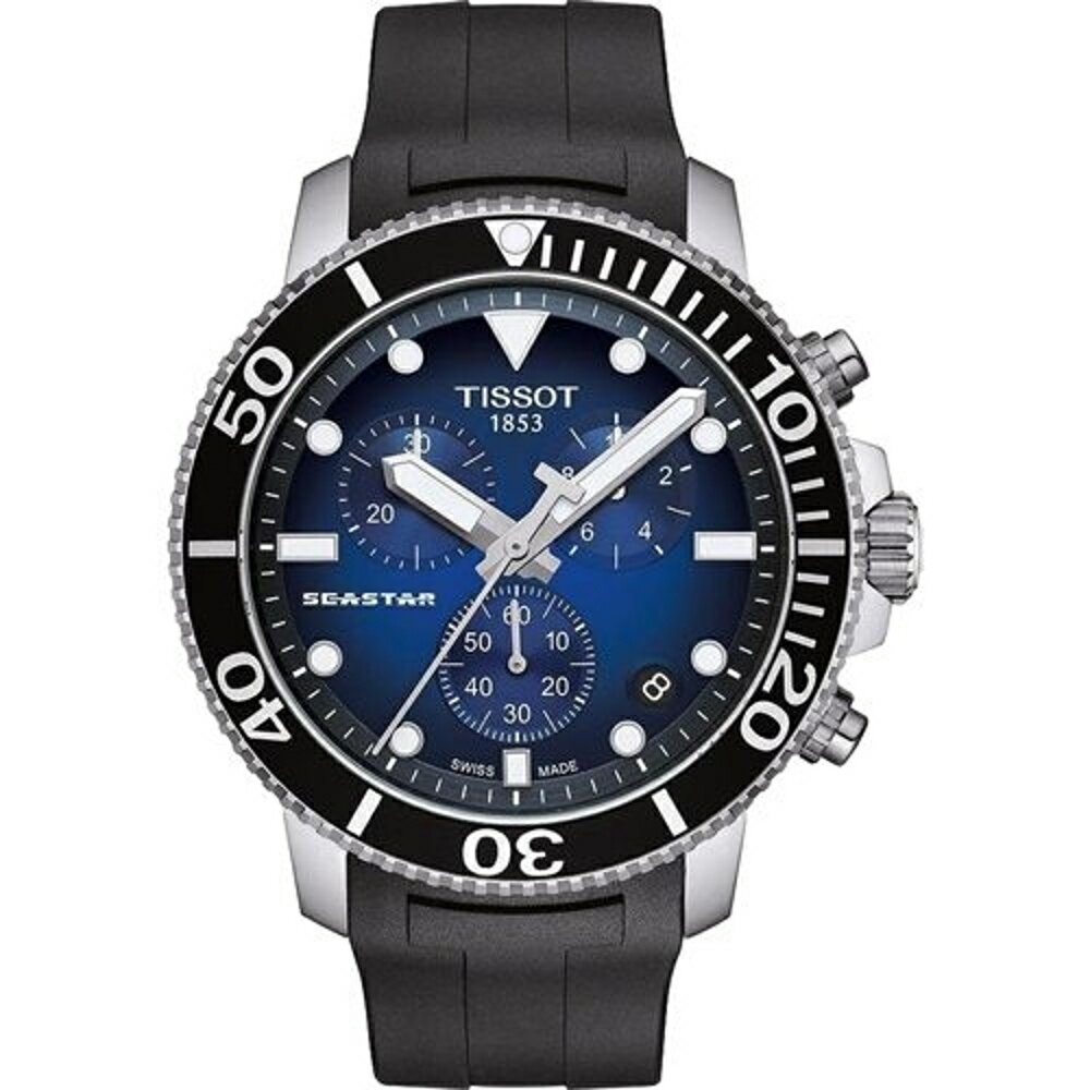 樂天卡滿5千回饋10%｜TISSOT 天梭錶  Seastar 海星300米潛水石英錶-橡膠款 T1204171704100 -46mm-漸層藍膠帶★11月限定★