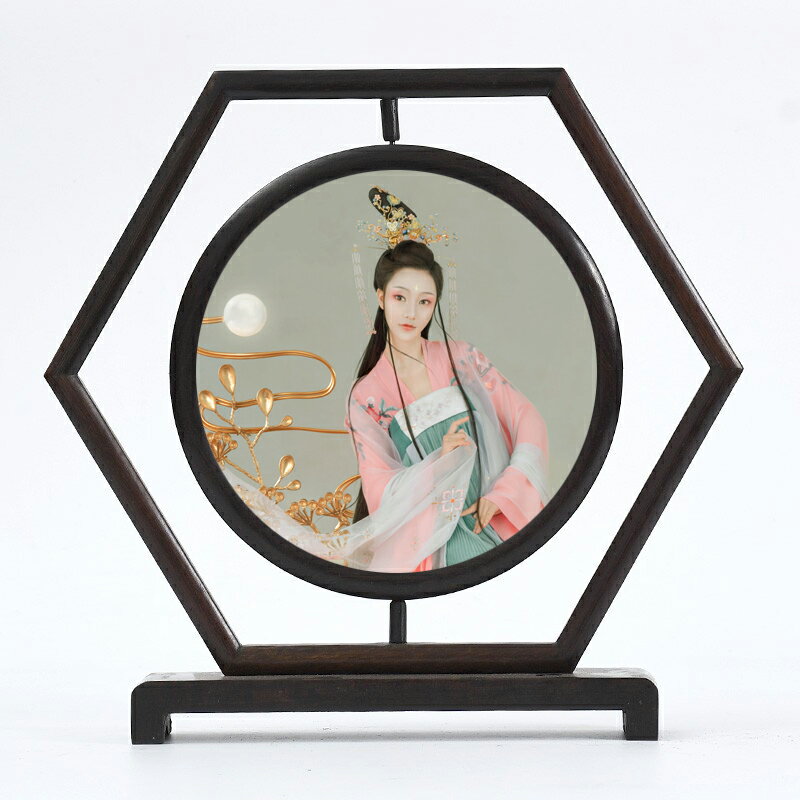 12寸實木雙面古風屏風擺件  中國風全家福照片 擺臺雞翅木相框 2