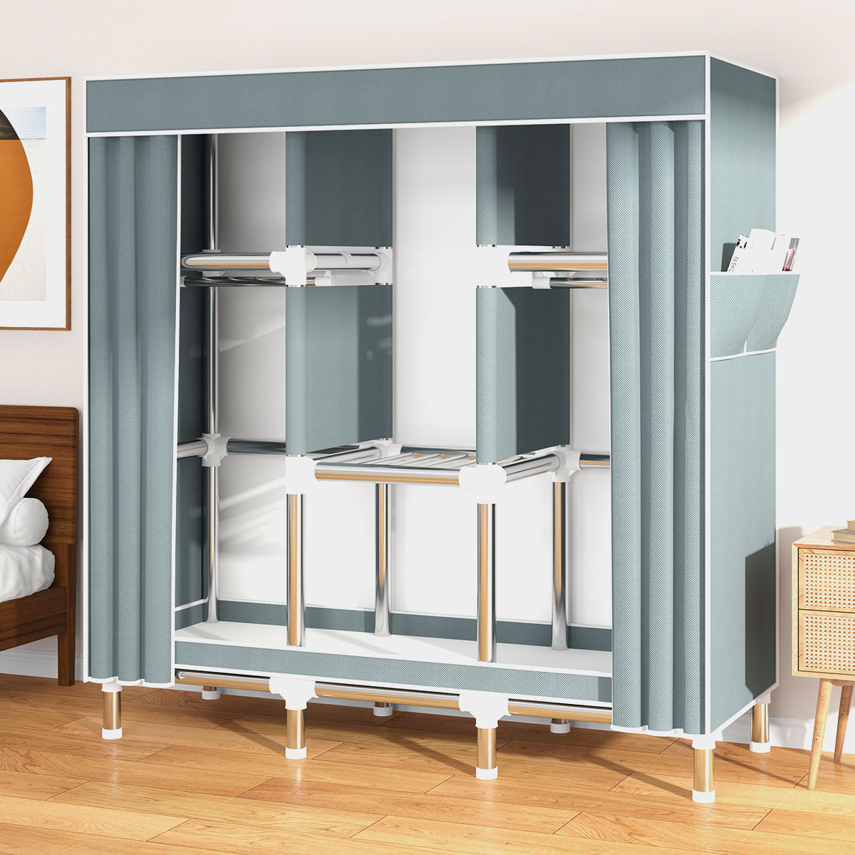 簡易衣柜家用格子加固衣服柜出租房可移動式加粗加厚鋼架簡裝衣柜