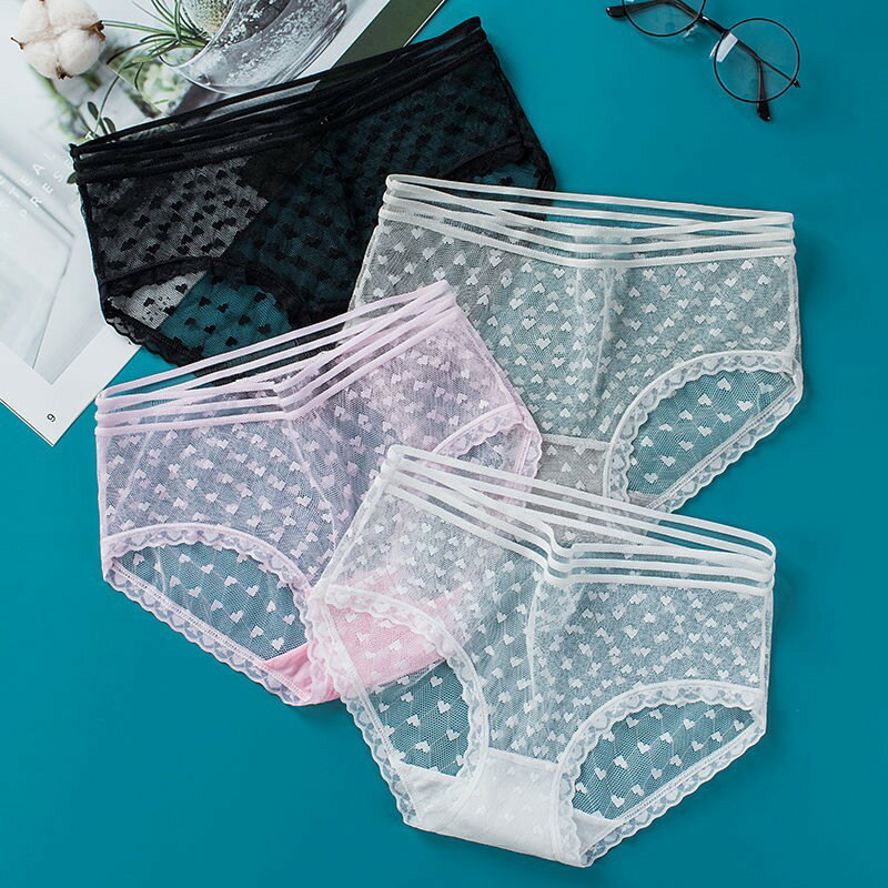 1-4條性感蕾絲內褲女火辣透明超薄網紗鏤空大碼中腰少女士三角