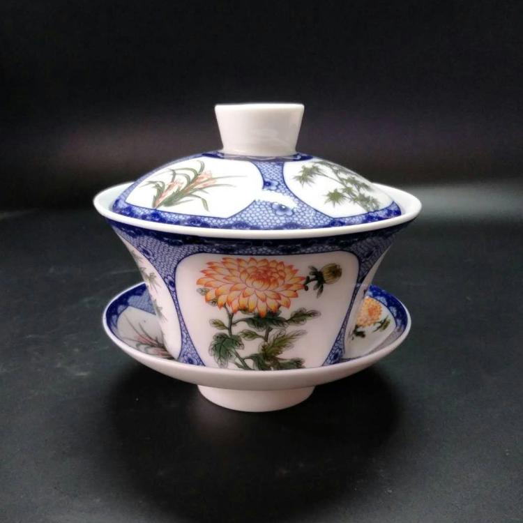 古玩收藏陶瓷器乾隆年制青花加彩梅蘭竹菊蓋碗 仿古瓷器家居擺設