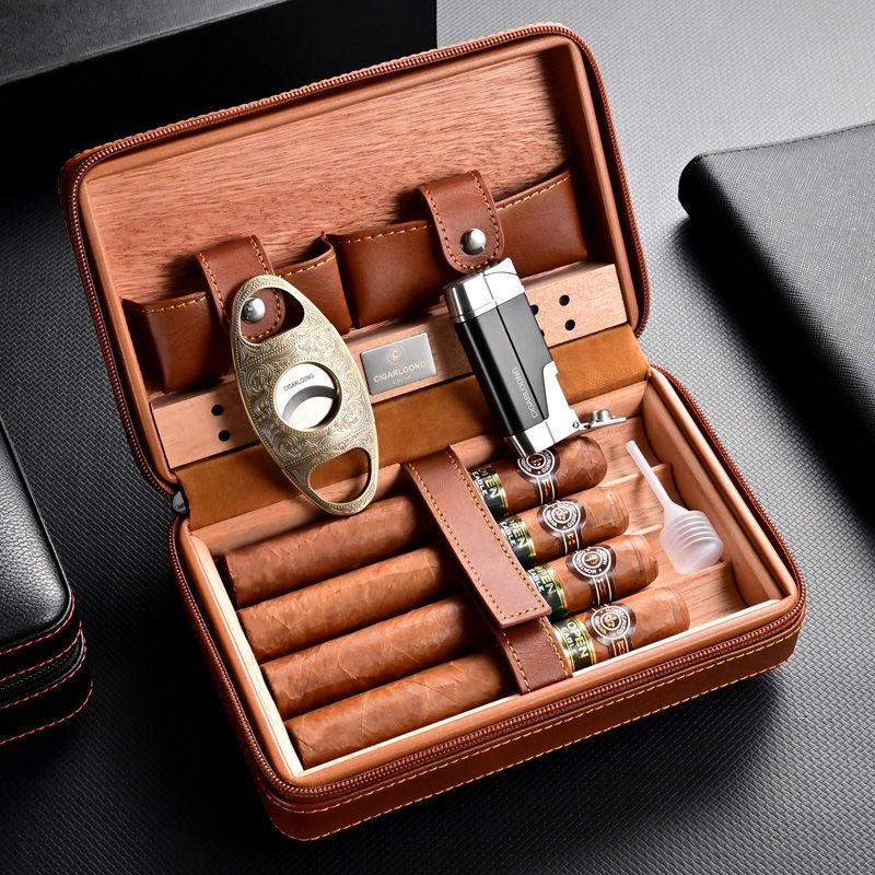 雪茄收納盒 雪茄保濕盒 茄龍 雪茄盒 套裝雪茄保濕盒 雪松木配打火機雪茄剪商務皮套雪茄盒