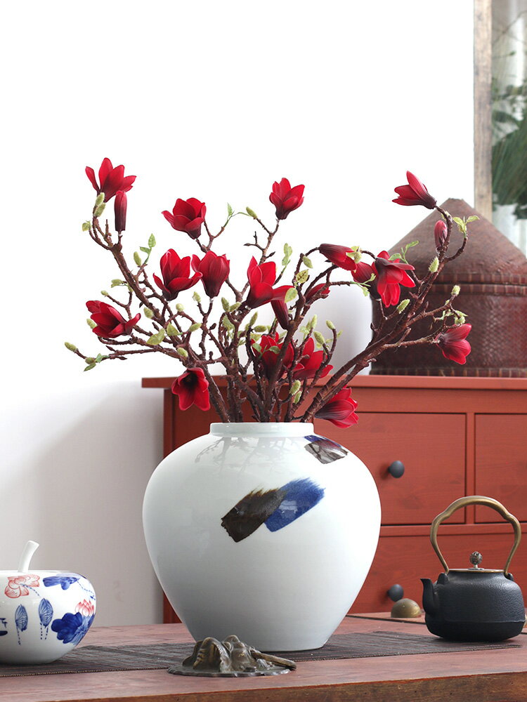 景德鎮陶瓷擺件中式書法圓形大花瓶別墅花器插花擺件瓷器