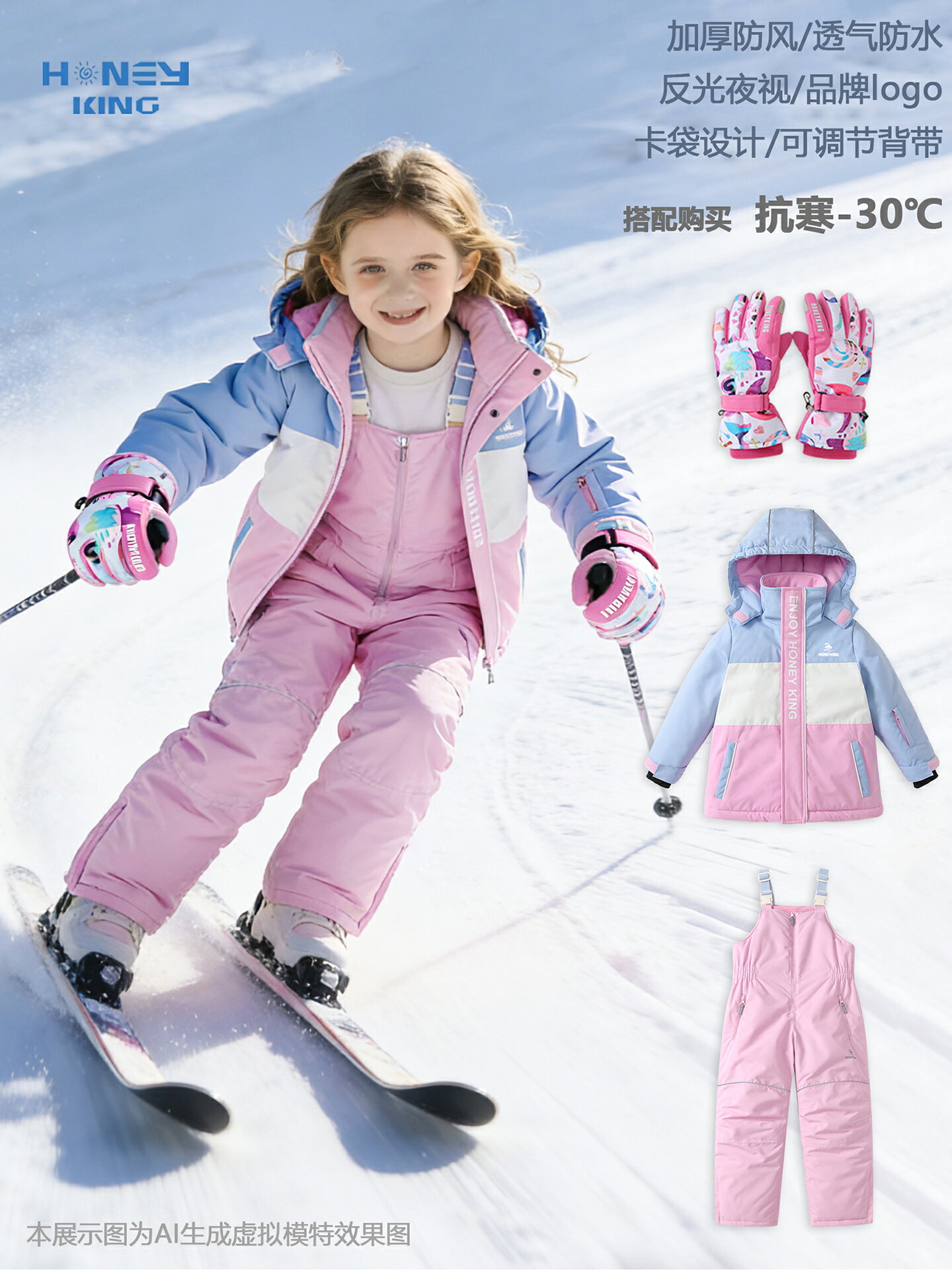 honeyking兒童滑雪服套裝加厚保暖防水連帽外套揹帶褲滑雪褲雪服