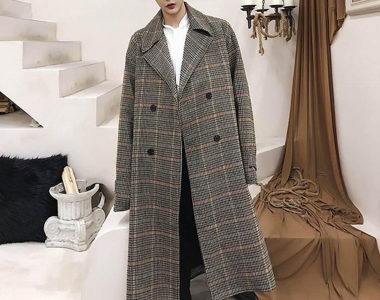 FINDSENSE G6 韓國時尚 冬季男士格子風衣寬鬆中長款加厚呢子大衣帥氣披風外套