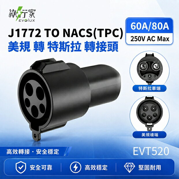 【綠行家】EVT520 J1772轉TPC/NACS Tesla電動車AC慢充轉接頭 台灣公司貨 國際認證