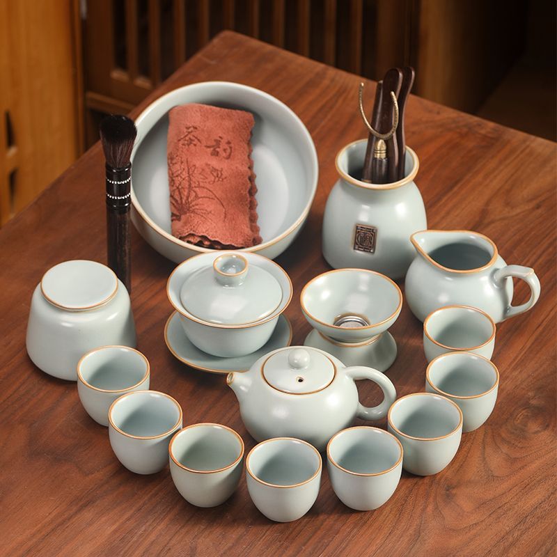 汝窯功夫茶具茶盤套裝家用客廳辦公會客高檔輕奢中式陶瓷茶杯茶壺