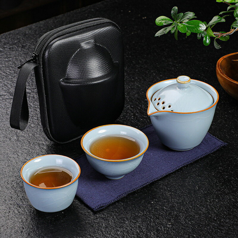 陶瓷快客杯一壺二杯汝窯天青開片可養簡易旅行茶具套裝便攜式茶壺