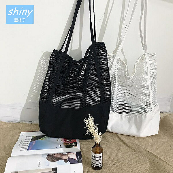 實用時尚．網眼鏤空手提購物沙灘帆布包 - shiny藍格子【P182】