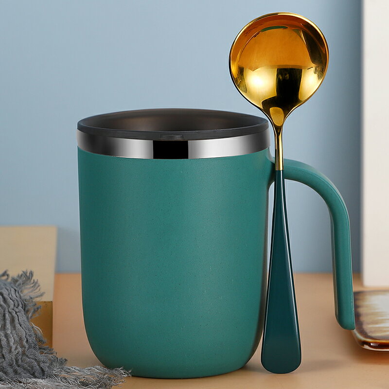馬克杯 304不銹鋼帶蓋勺創意個性杯子可愛早餐杯情侶喝水杯咖啡杯【MJ10113】