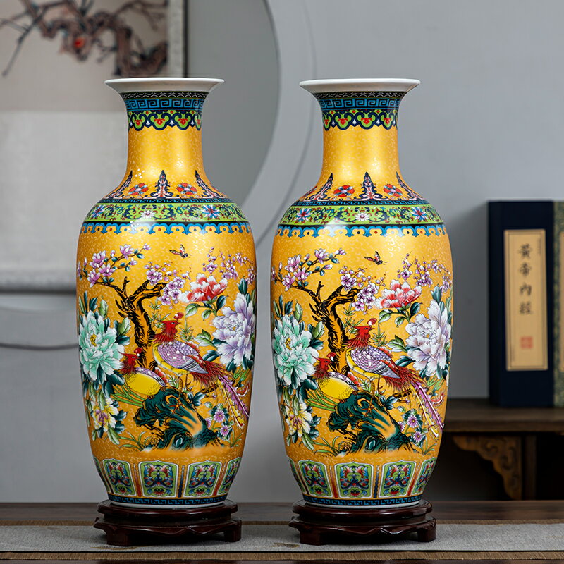 景德鎮陶瓷器琺瑯彩落地花瓶大號新中式客廳插花裝飾品電視柜擺件