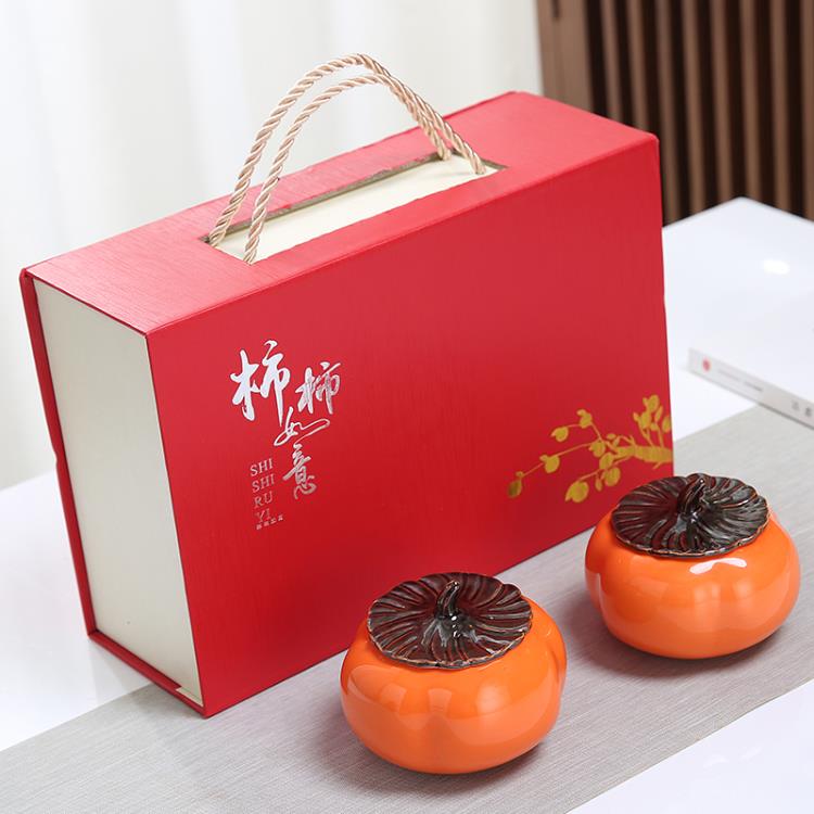 鈿隆柿柿如意陶瓷柿子密封茶葉罐小號普洱紅綠茶包裝禮品盒裝定制