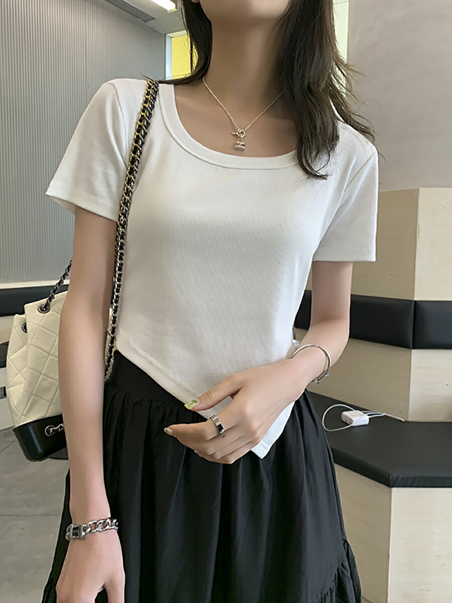 白色短袖t恤女短款不規則夏季2022新款正肩方領內搭圓領純色上衣