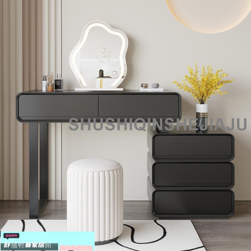 新品免運 黑色梳妝臺現代簡約斗柜一體臥室輕奢極簡化妝臺高級感伸縮化妝桌 6