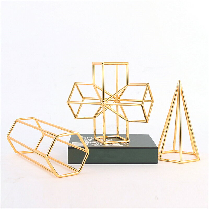 現代奢華金色幾何積木體擺件簡約歐式書房辦公室創意鏤空金屬體