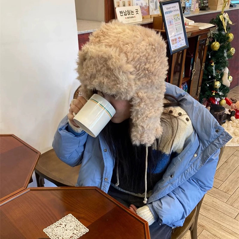 ANNAS 正韓羊羔絨拉繩雷鋒帽 韓國毛毛雷鋒帽 飛行帽 毛毛遮耳帽 韓國網紅 白色毛絨耳罩帽子 巴拉克拉法帽 保暖小臉 6