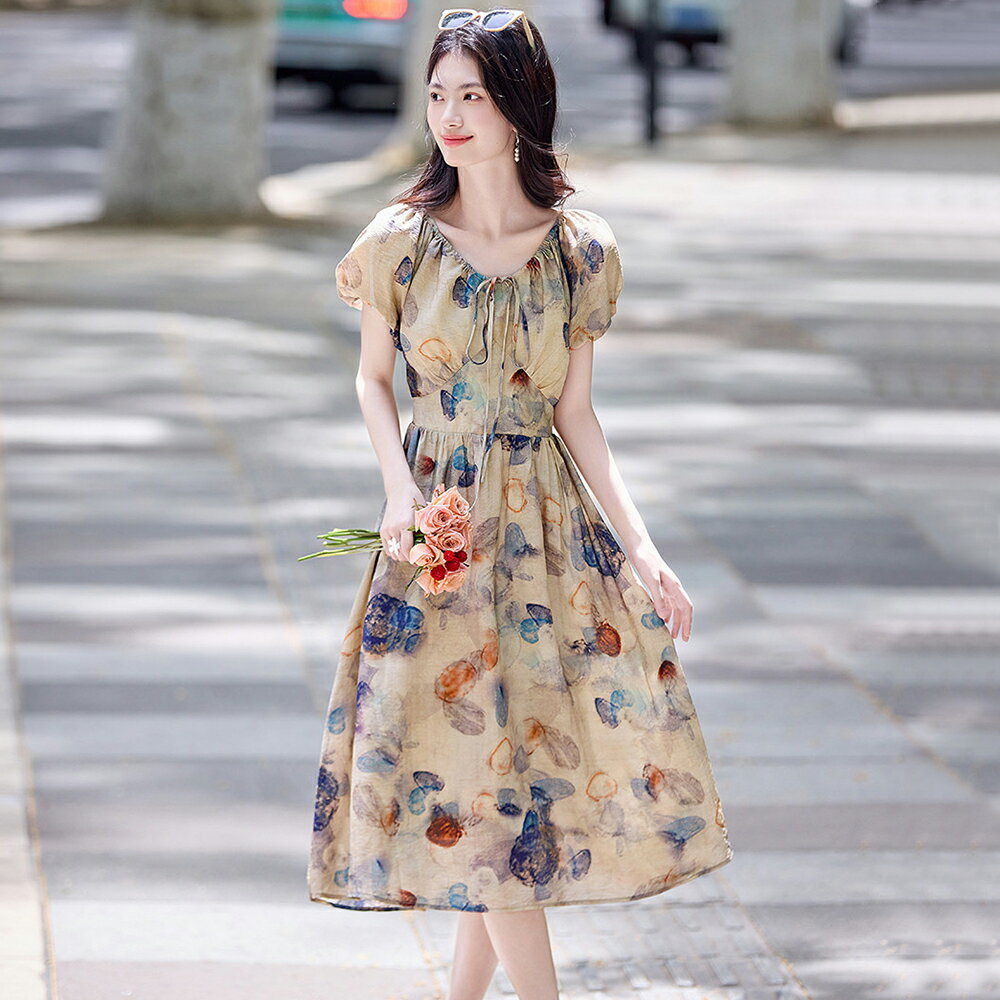 ＊ORead＊法式復古燈籠袖印花收腰連身裙(圖片色M~2XL)