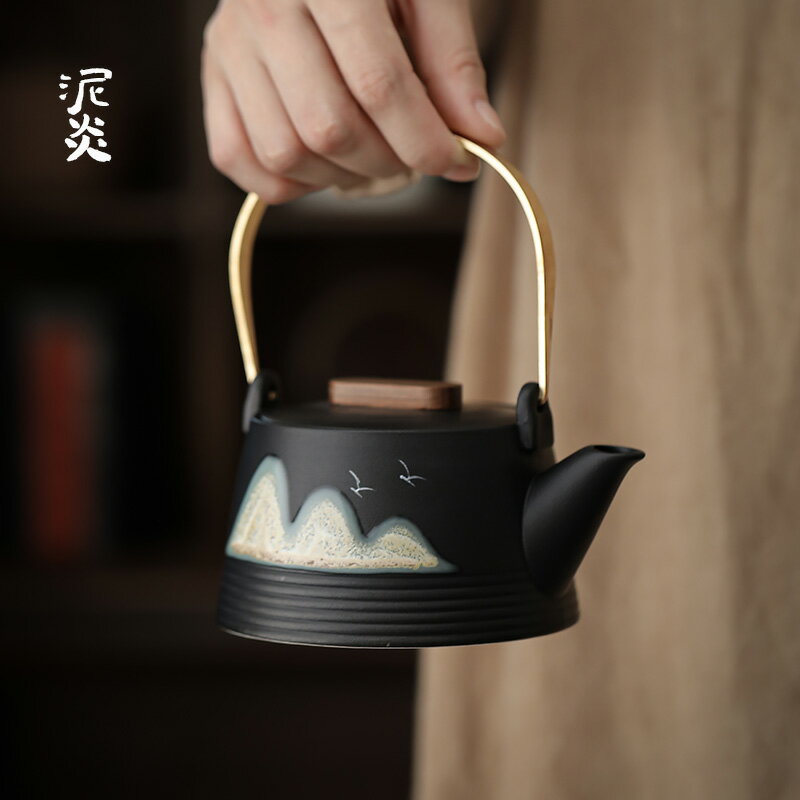 遠山提梁壺不銹鋼過濾日式泡茶壺陶瓷家用單壺功夫茶具提梁泡茶器