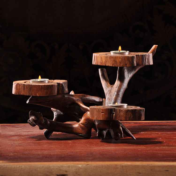 復古懷舊木質創意三頭燭臺裝飾擺件 餐桌創意歐式燭光晚餐蠟燭臺1入