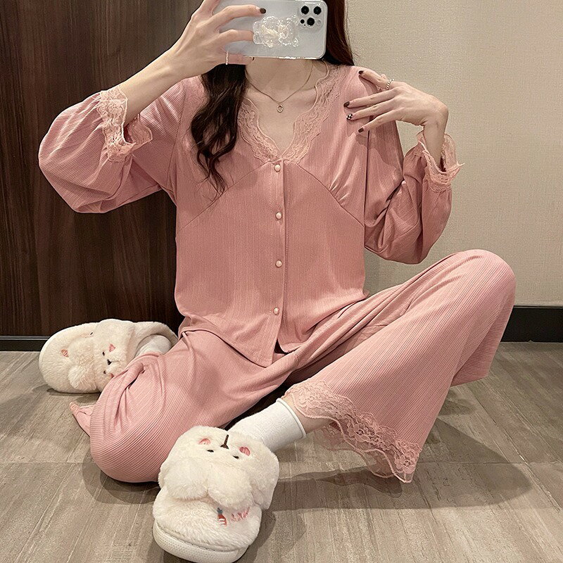 純欲風睡衣女蕾絲花邊簡約ins高階感長袖長褲家居服可外穿兩件套