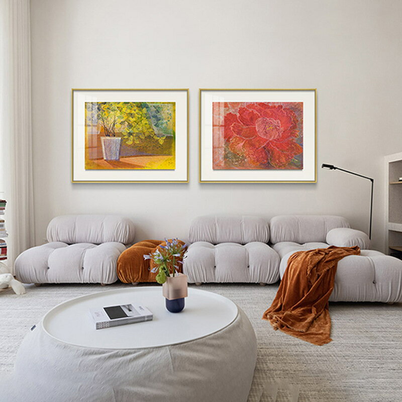 陽光下的花朵 現代簡約客廳雙聯裝飾畫輕奢風抽象花卉餐廳掛畫
