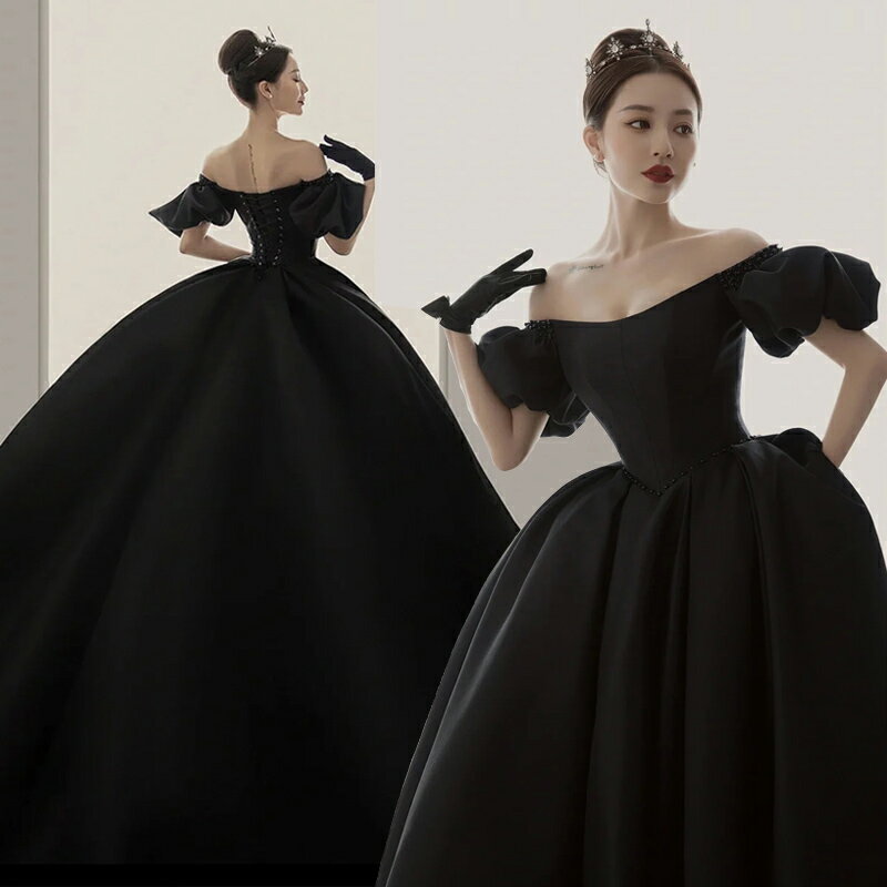 影樓復古法式主題拍照服裝黑色寫真禮服赫本風拖尾泡泡袖緞面婚紗