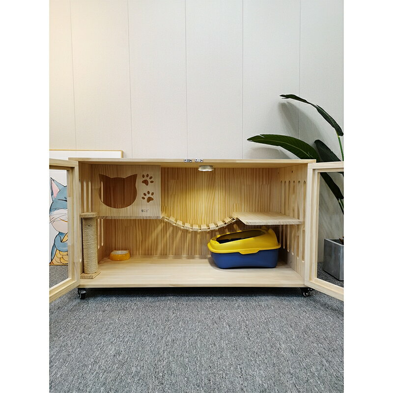 家用貓咪房子 貓籠子 豪華實木貓別墅 貓窩 貓屋 夏季透氣不悶熱貓舍 貓櫃 寵物籠子 育嬰籠 1