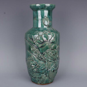 宋吉州窯綠釉刻荷花魚紋棒槌瓶仿古老貨瓷器家居中式擺件古玩收藏1入