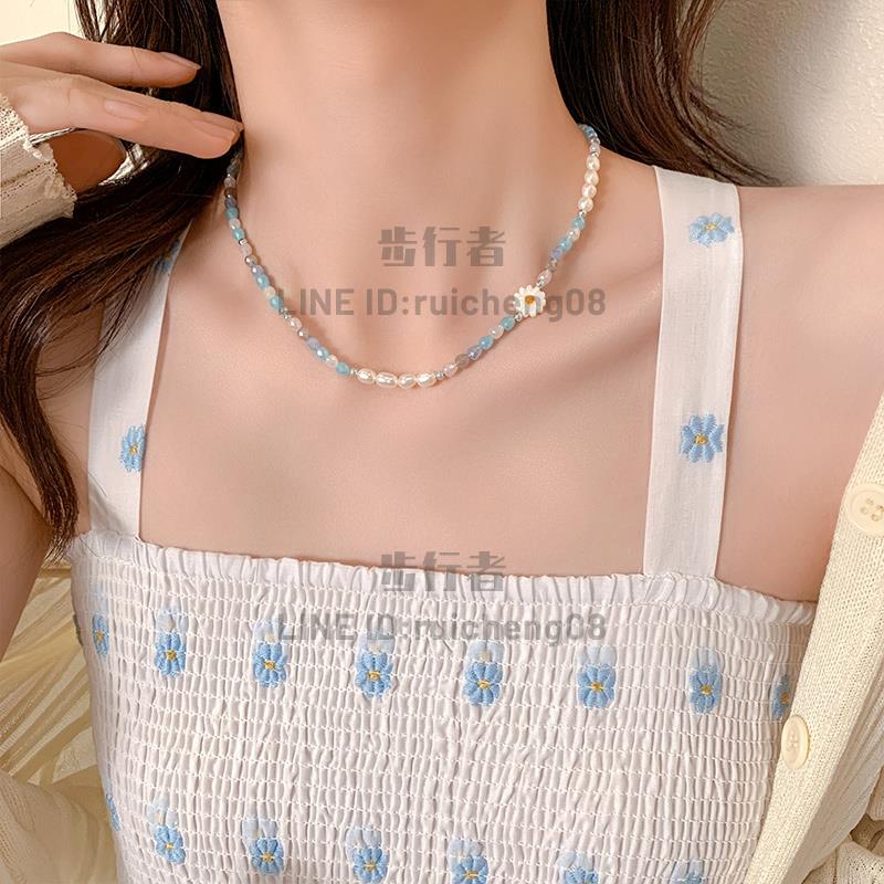 彩色串珠花朵項鏈森系百搭鎖骨鏈女夏季簡約裝飾頸鏈【步行者戶外生活館】 3