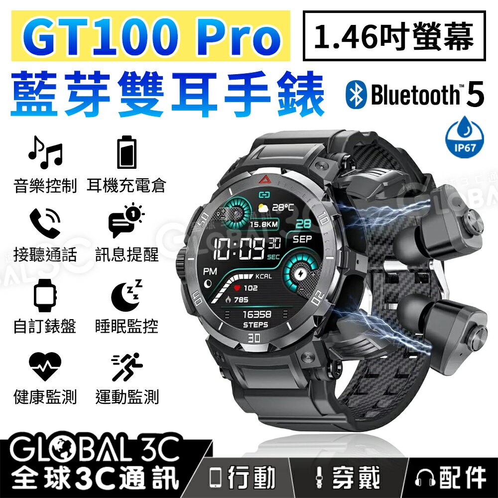 GT100 Pro 藍芽雙耳機手錶 藍芽耳機 運動/電話/音樂/拍照遙控/睡眠/健康 智能手錶