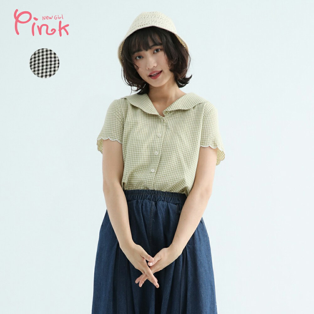 Pink*法式小格紋娃娃領上衣 (2色) Y3207AD