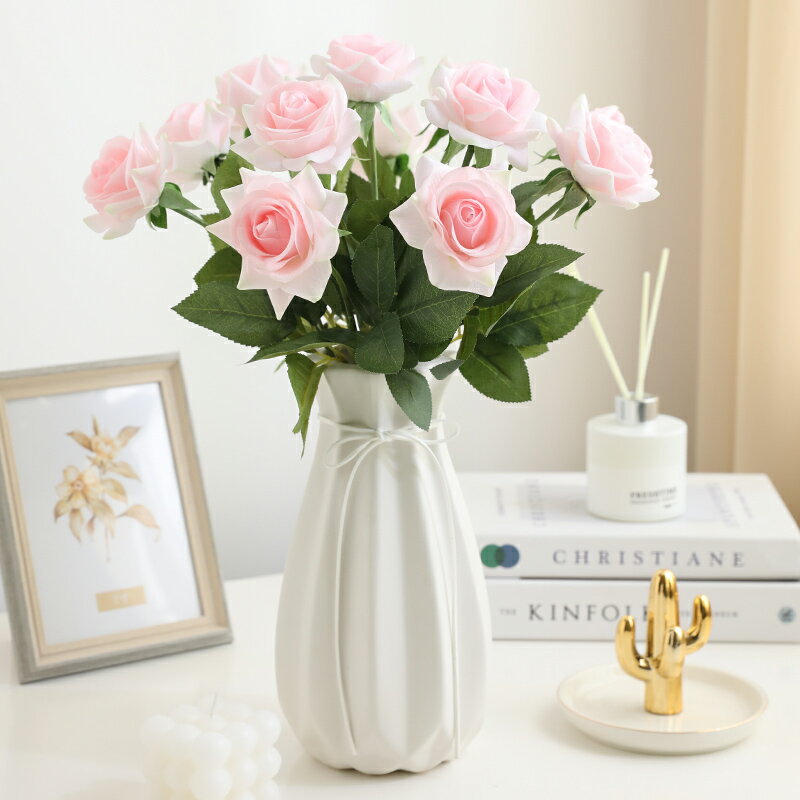 高檔手感保濕玫瑰花仿真花束單枝假花歐式餐桌擺花客廳裝飾擺件粉