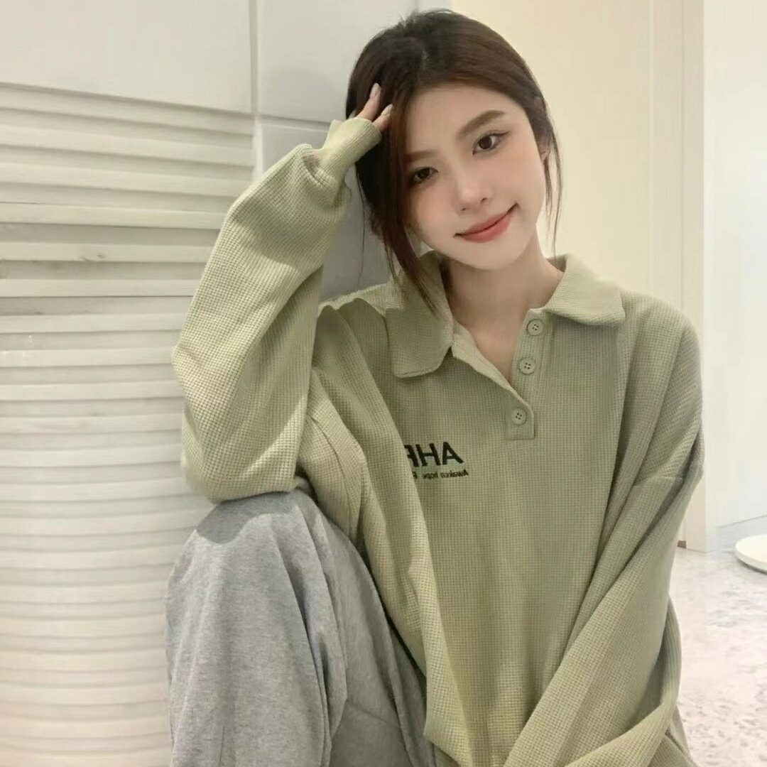 POLO領華夫格衛衣女寬松時尚百搭休閒美式學院風翻領長袖上衣春夏新款【聚寶屋】